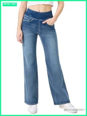 High Waisted Bell Bottom Pull On Jeans Tummy Control Flare Stretch Denim